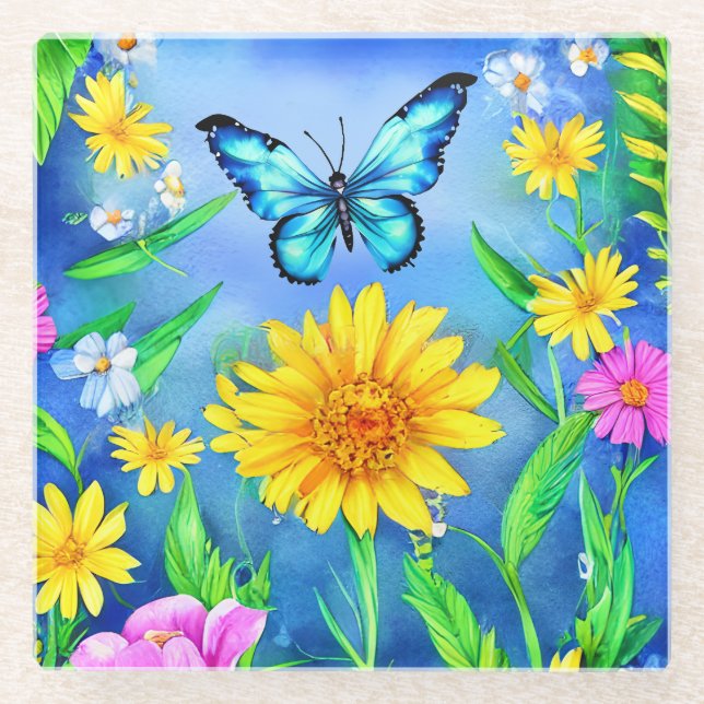 Schöner Blauer Schmetterling in einer Blume Wiese Glasuntersetzer (Vorderseite)