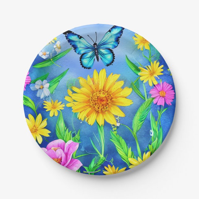 Schöner Blauer Schmetterling in einer Blume Wiese Pappteller (Vorderseite)