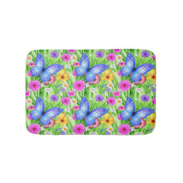 Schöner Blauer Schmetterling mit Blume Wasserfarbe Badematte