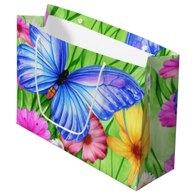 Schöner Blauer Schmetterling mit Blume Wasserfarbe Große Geschenktüte (Vorderseite Schrägansicht)