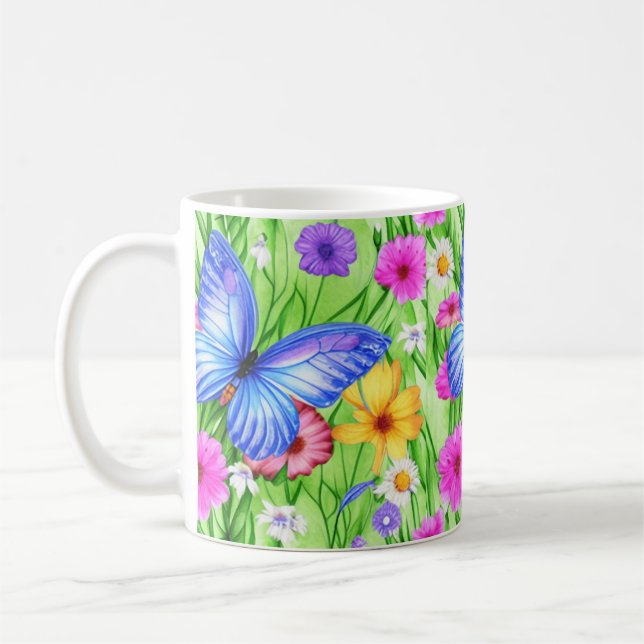 Schöner Blauer Schmetterling mit Blume Wasserfarbe Kaffeetasse (Links)