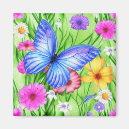 Schöner Blauer Schmetterling mit Blume Wasserfarbe Magnet