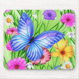 Schöner Blauer Schmetterling mit Blume Wasserfarbe Mousepad