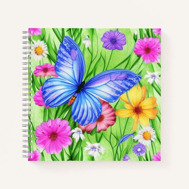 Schöner Blauer Schmetterling mit Blume Wasserfarbe Notizbuch (Vorderseite)