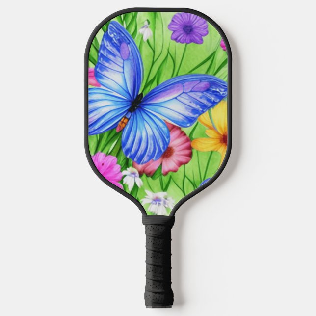 Schöner Blauer Schmetterling mit Blume Wasserfarbe Pickleball Schläger (Vorderseite)