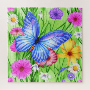 Schöner Blauer Schmetterling mit Blume Wasserfarbe Puzzle