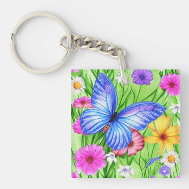 Schöner Blauer Schmetterling mit Blume Wasserfarbe Schlüsselanhänger (Vorderseite)
