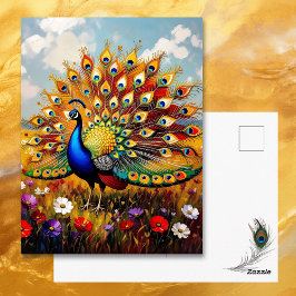 Schöner blauer und goldener Pfau hält Kontakt Postkarte