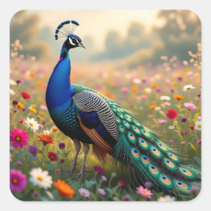 Schöner blauer und türkiser Pfau Quadratischer Aufkleber
