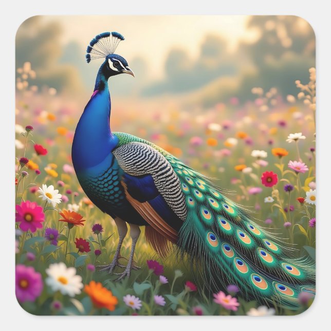 Schöner blauer und türkiser Pfau   Quadratischer Aufkleber (Vorderseite)
