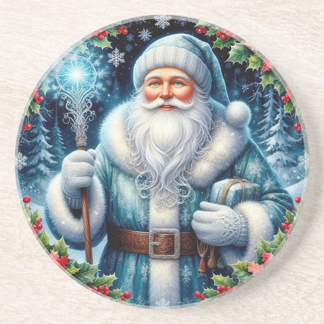 Schöner blauer Weihnachtsmann mit Winterdekoration Getränkeuntersetzer (Vorne)