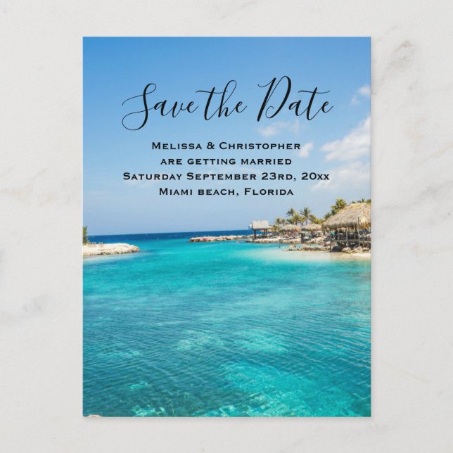 Schöner Blue Tropical Beach Save the Date Hochzeit Einladungspostkarte (Vorderseite)