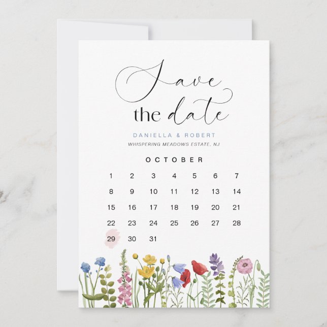 Schöner Blumenkalender für die Hochzeit der Wildbl Save The Date (Vorderseite)