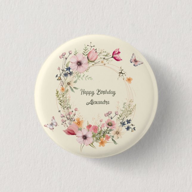 Schöner Blumenkranz und Schmetterlinge zum Geburts Button (Vorderseite)