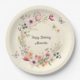 Schöner Blumenkranz und Schmetterlinge zum Geburts Pappteller