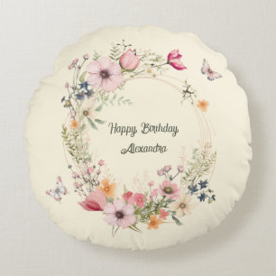Schöner Blumenkranz und Schmetterlinge zum Geburts Rundes Kissen