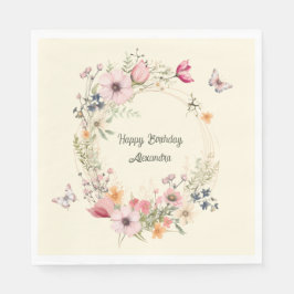 Schöner Blumenkranz und Schmetterlinge zum Geburts Serviette