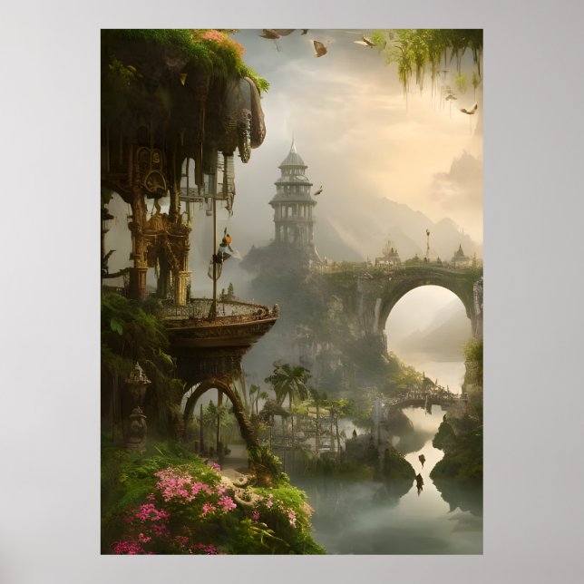 Schöner Brücken-Fluss mit Ausblick Fantasy Poster (Vorne)