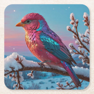 Schöner Bunter Vogel auf einem Schneebedeckten Ast Rechteckiger Pappuntersetzer