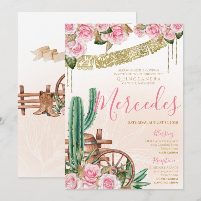 Schöner Cactus Rose Western Charro Quinceanera Einladung (Vorne/Hinten)
