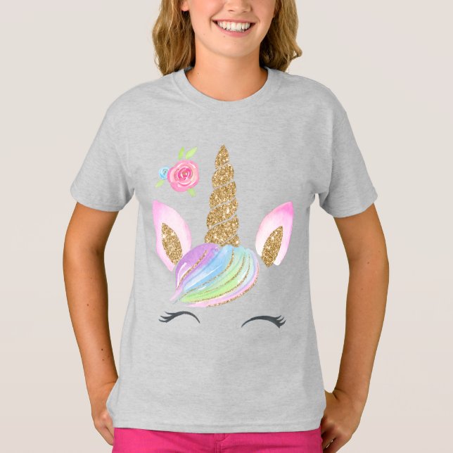 Schöner Cartoon Einhorn mit Rainbow Background T-Shirt (Vorderseite)
