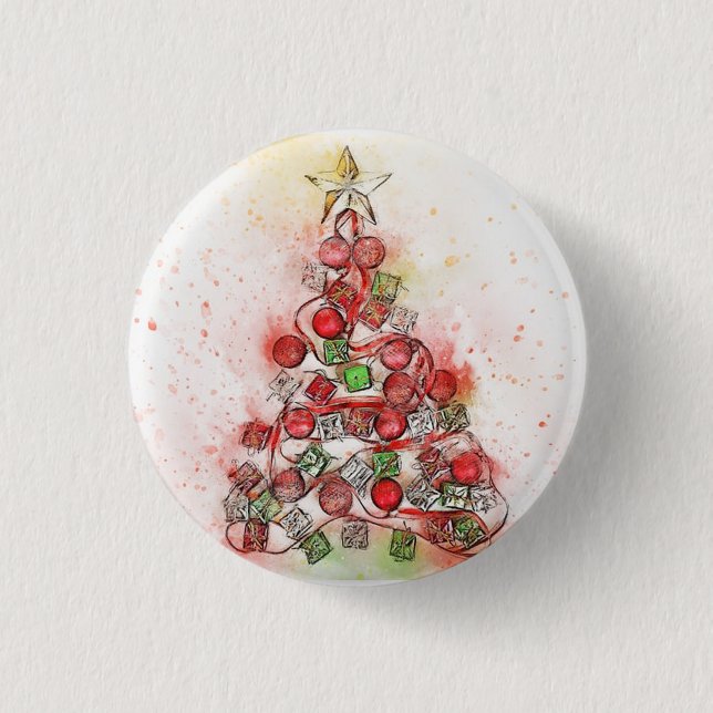 Schöner, dekorierter Weihnachtsbaum Button (Vorderseite)