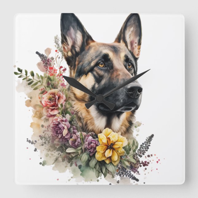 SCHÖNER DEUTSCHER SCHEPHERHERHUND MIT WILDBLUMEN QUADRATISCHE WANDUHR (Vorderseite)