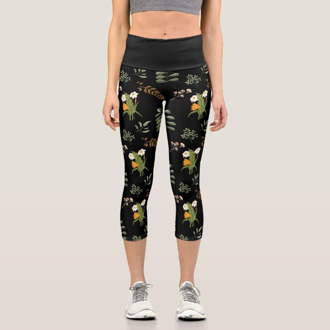 Schöner, dunkelmoody, botanischer Druck Capri Leggings (Vorderseite)