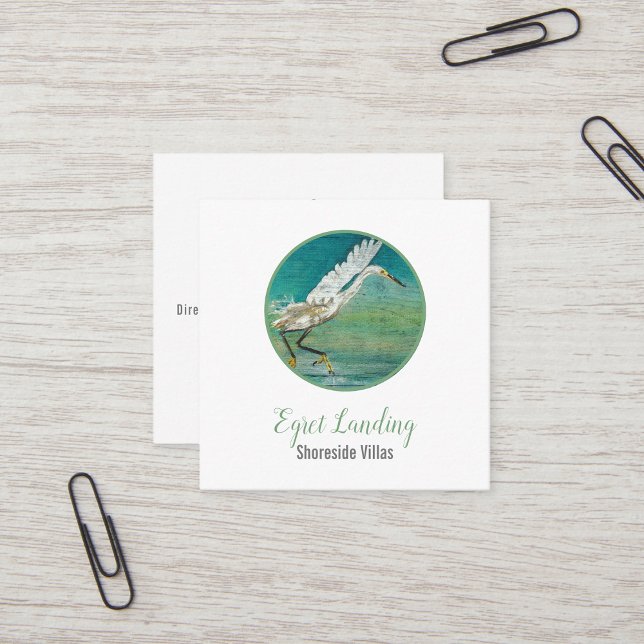 Schöner Egret Shorebird zu Wasserkunst Quadratische Visitenkarte (Gorgeous Egret Shorebird On Water Art Square Business Card Jenn's Emporium. )