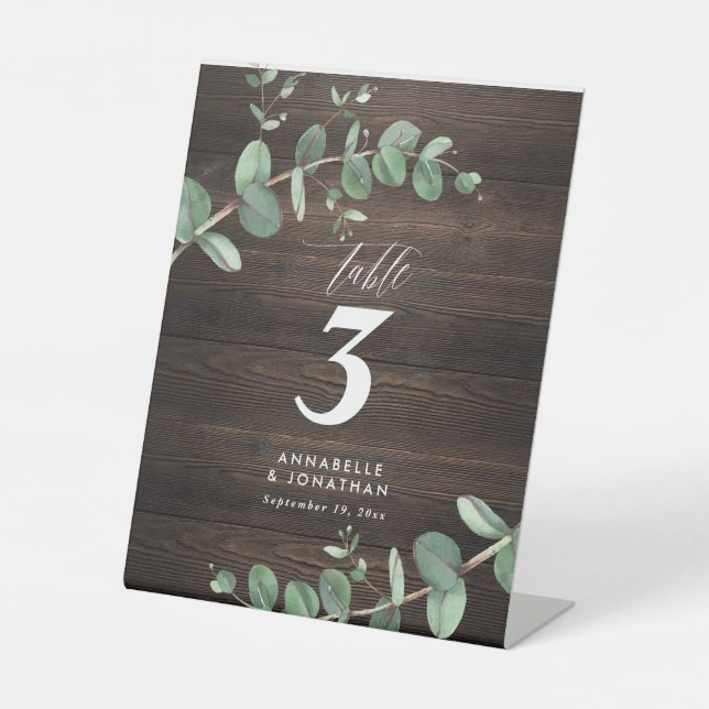 Schöner, eleganter eucalyptus foliage Hochzeitstis Sockelschild (Vorderseite)