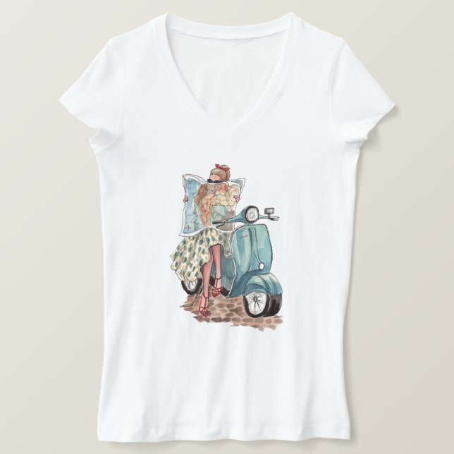 Schöner europäischer Reisender auf Retro Vespa Mop T-Shirt (Design vorne)