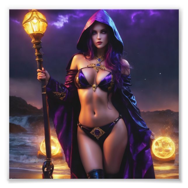 Schöner Fantasy-Hexenmeister mit Scepter Babe Fotodruck (Vorne)