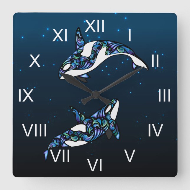 Schöner, farbenfroher Orca Whales Beach Quadratische Wanduhr (Vorderseite)
