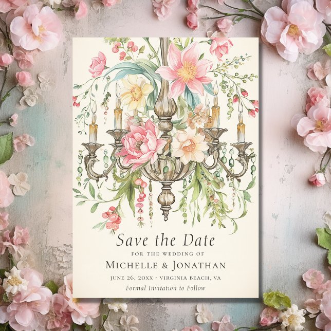 Schöner, floraler Kronleuchter Save The Date (Front - Beautiful Watercolor Floral Chandelier Wedding Save The Date)