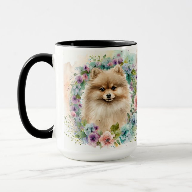 SCHÖNER FLÜFFE WASSERFARBENER SPITZ HUND TASSE (Links)