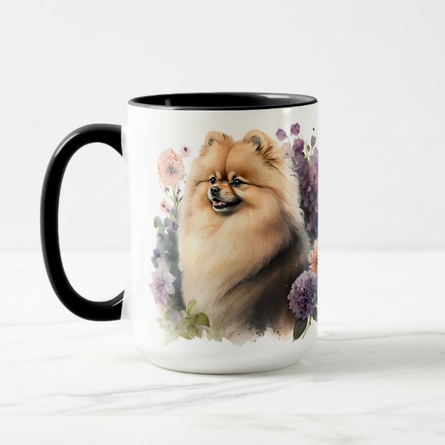 SCHÖNER FLÜFFE WASSERFARBENER SPITZ HUND TASSE (Links)