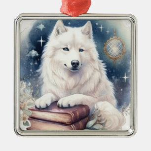 SCHÖNER FLÜFFE WEISS SAMOYED HUND ORNAMENT AUS METALL