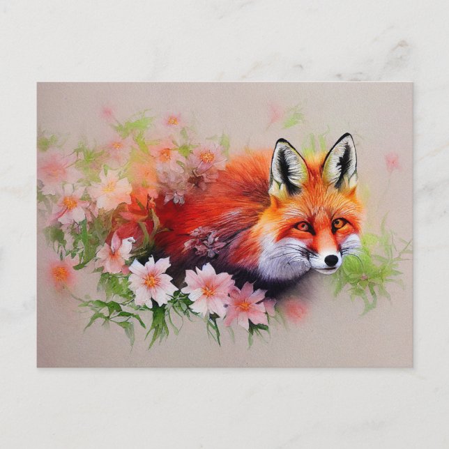 Schöner Fox in Blume Wasserfarbe Postkarte (Vorderseite)