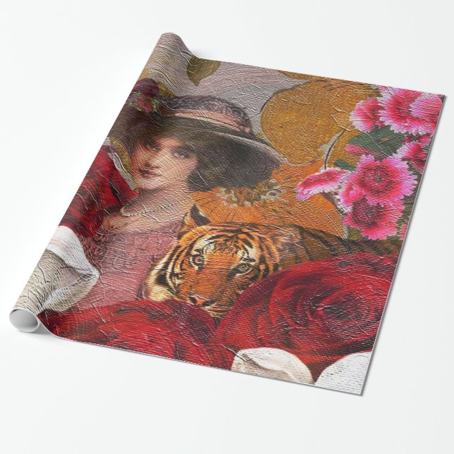 Schöner Frauen-Tiger-Rosen-Garten Geschenkpapier (Ungerollt)