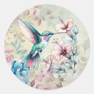 Schöner Frühling Aquarell Blumen Kolibri Runder Aufkleber