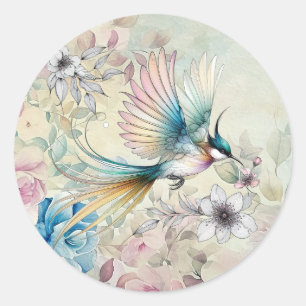 Schöner Frühling Aquarell Blumen Vogel im Flug Runder Aufkleber