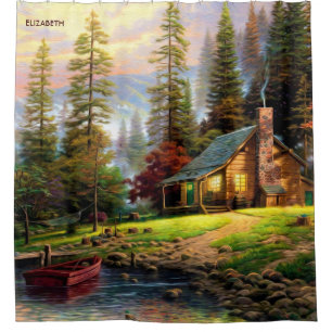 Schöner Gebirgshölzernes Chalet auf Fluss-Ufer Duschvorhang