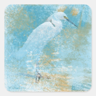 Schöner, gemalter Snowy Egret Coastal Bird Quadratischer Aufkleber