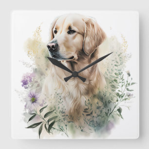 SCHÖNER GOLDENER HUND MIT WILDBLUMEN QUADRATISCHE WANDUHR
