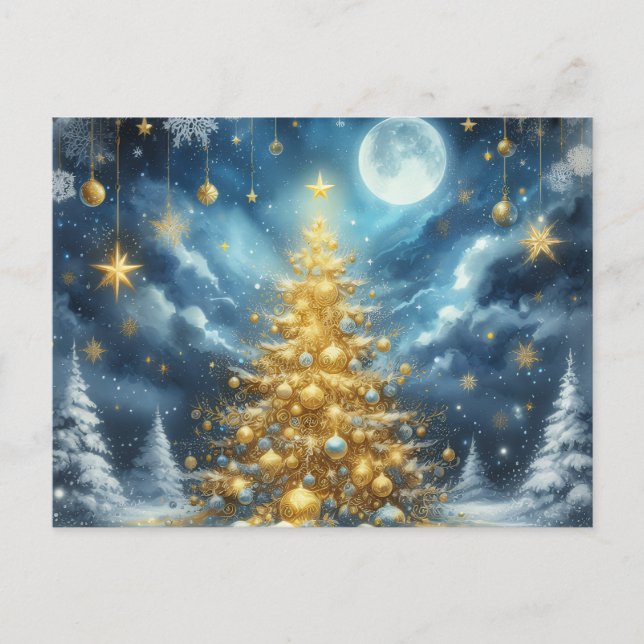 Schöner goldener Weihnachtsbaum blau Postkarte (Vorderseite)