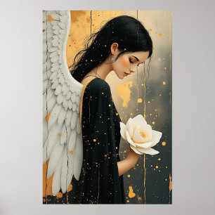 Schöner gotischer Engel und weiße himmlische Rose Poster