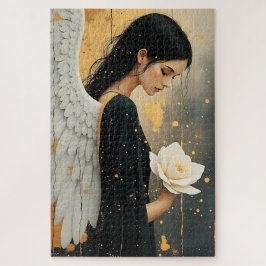 Schöner gotischer Engel und weiße himmlische Rose Puzzle