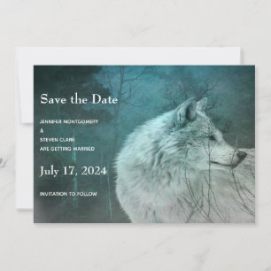 Schöner grauer Wolf bei einer Hochzeit im Dunkelwa Save The Date