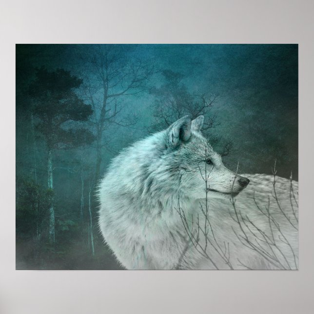 Schöner grauer Wolf in einem dunklen Wald Poster (Vorne)