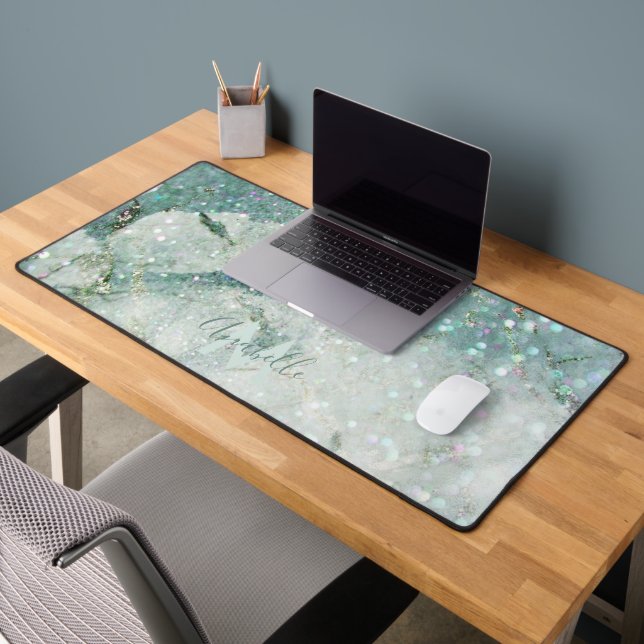 Schöner grüner Marmor und Glitzer Mit Monogramm Schreibtischunterlage (Büro 2)